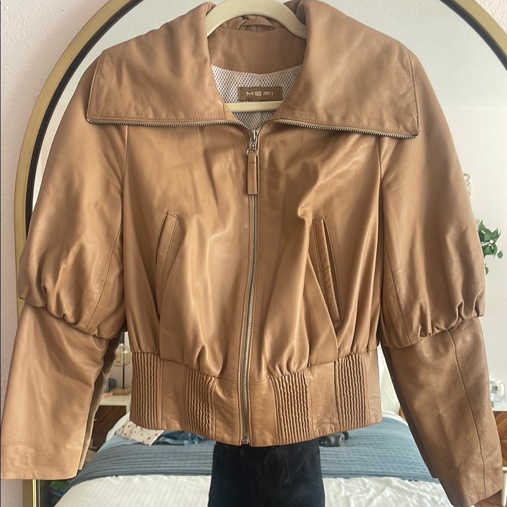 Tan Genuine Leather Jacket with Fitted Waist